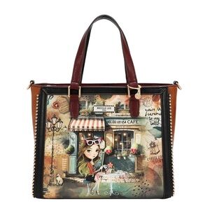 Nicole Lee Multicolor Café Illustration Tote with Burgundy Handles
